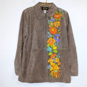 Vintage Women's Bob Mackie Medium Brown Suede Zip Jacket with Floral Embroidery